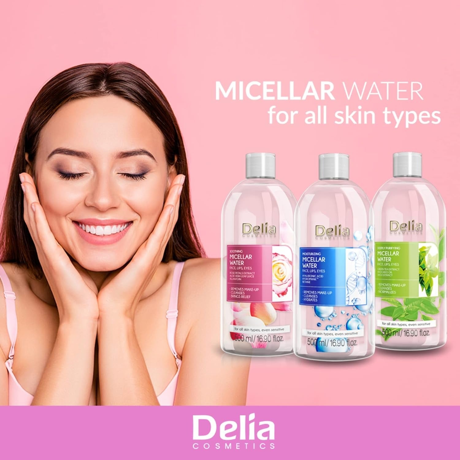 Purifying Micellar Water - Facial Cleanser With Green Tea Extract & Avocado Oil - Deep Cleansing, Refreshing - Reduced Sebum Production - 500ML delia