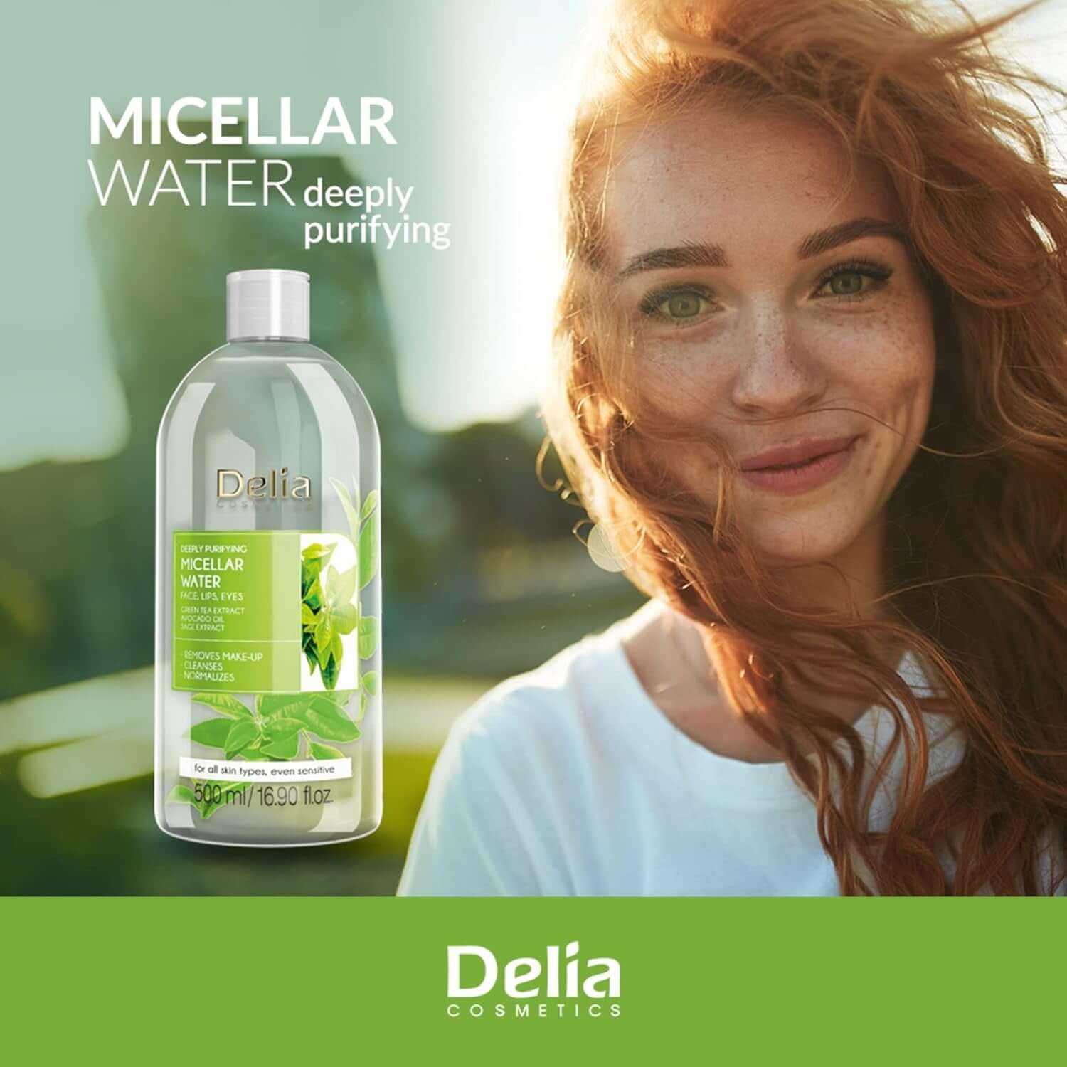 Purifying Micellar Water - Facial Cleanser With Green Tea Extract & Avocado Oil - Deep Cleansing, Refreshing - Reduced Sebum Production - 500ML delia