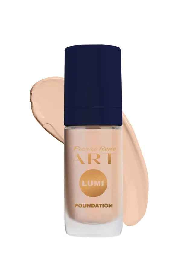 Pierre Rene Lumi Touch Foundation 01 Porcelain in glass bottle with navy cap and liquid swatch background